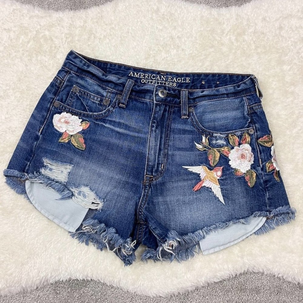 AE Hi-Rise Festival Embroidered Floral Bird Cut Off Shorts